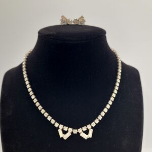 Vintage Silver Necklace and matching screw on earrings with Crystal Details
